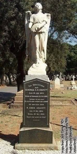 thyphoidjack's tweet photo. General Gerhardus Hendrik Gravett dies 26th October 1900
Gerhardus was born in Alexandria in the Cape and was one of several sons of the 1820 Settler who moved to the Transvaal and were living in the Heidelberg/Boksburg area. He was the great grandson of George Gravett, who arrived in Algoa Bay on the barque Brilliant , then married local girl Anna Adriana Woest. Gerhardus’s brother Willem Hendrik owned a farm just north of the Suikerbosrand at Tamboekiesfontein. One of his uncles was also farming close to Heidelberg at Schoongedacht. But of all the Gravetts in the area, Gerhardus Gravett was the most prosperous. Besides several houses in Georgetown, Germiston, Gerhardus also owned a large smallholding at Klippoortje, Germiston, where he grew maize and raised cattle, and  he was the owner or part-owner of  a number of other farms in the Free State and Cape. He held several prospecting claims. Several of Gerhardus’s business ventures were done in partnership with his younger brother Willem Hendrik.  Besides farming, Gerhardus’s primary business was as a cartage contractor and money lender. His business had premises at the Germiston coal yards, and for the times was very modern in 1899, G H Gravett contractors not only had a telegraphic address, but also a telephone, which was a rarity in the Transvaal at the time.
When war broke out in October 1899, Gerhardus Gravett fought for the Boers, first as a Veld Cornet, then later as a Commandant and finally as Combat General in overall charge of the Boksburg Commando. Both Gerhardus, his first son Christiaan and his brother Willem joined the Boer commandos, and so did several other Gravetts from the area.
Willem was captured by the British, on 16th November 1899 and was sent into exile on St Helena.
After the Siege of Ladysmith was lifted on 28/2/1900, the Boers retreated through northern Natal, back into the Transvaal.
It was at this stage that one section of the Commando under General G H Gravett moved to fight in the Cape Colony. He served with distinction on the Colesberg front, where he was elected field cornet. He was later promoted to commandant.
Later, as the Cape and Orange Free State front collapsed, Gravett took his men back by way of the eastern Orange Free State to the Transvaal to rejoin the rest of the Commando, which had remained active in the Transvaal.
He took part in the Battle of Donkerhoek in June 1900. His men were known as Gravett’s Guinea Fowls. He was heavily involved in the Boers’ attempts to prevent the British capture of the Eastern railway line. In August 1900 he participated in the Battle of Bergendal and was promoted to a fighting general in charge of the Boksburg Commando. The Boksburg Commando had been mobilised on 27 September 1899 and was made up of 1,050 Boers and about 300 black agterryers.
On about 12th October 1900, Gerhardus Gravett was wounded while on commando near Roosenekal.
The Boer forces were fighting a rear guard action and he suffered serious shrapnel wounds while standing next to one of the last artillery pieces of the ZAR State Artillery.
His comrades brought a Dr Neethling to attend to him but without medicines the doctor could not do much, and Gerhardus Gravett contracted bronchitis. He died on 26th October, aged 42. and was buried at Roossenekal on 26 October 1900.
Deneys Reitz, was probably one of the last to see the General alive. Reitz mentions him in his book, "Commando."
His remains were later reinterred here. at the Primrose Cemetery in Germiston. He left a wife, Petronella (nee Oosthuizen,), and five children