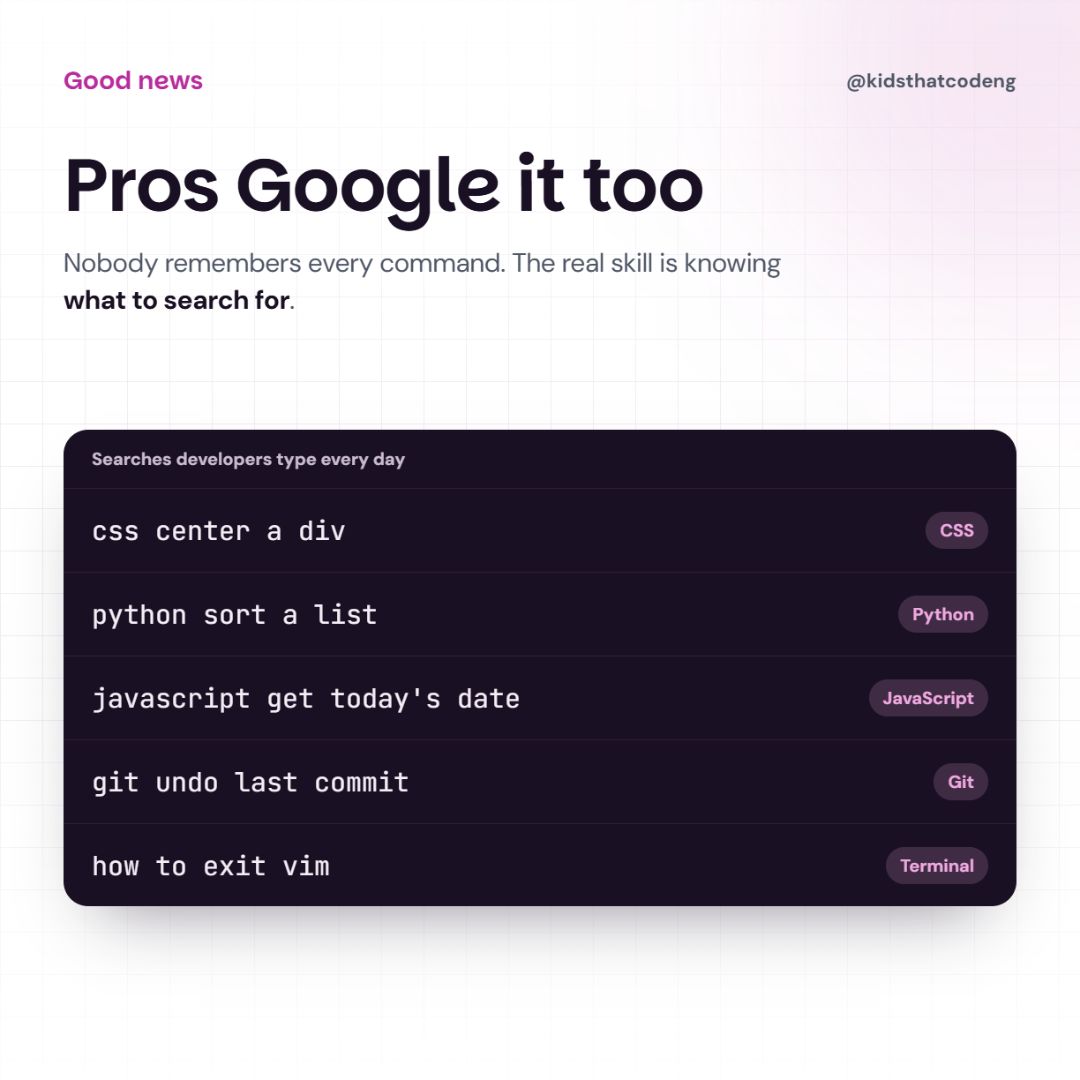 kidsthatcodeNG's tweet photo. You don't need to memorize code. Even experienced devs Google things constantly — the real skill is knowing how to search well. Here's a 3-step method 🧵 https://t.co/laIZjnESAR