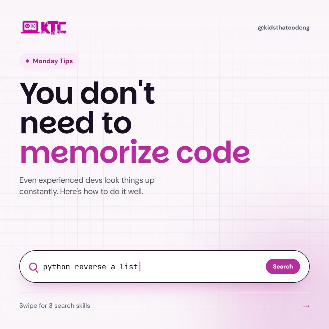 kidsthatcodeNG's tweet photo. You don't need to memorize code. Even experienced devs Google things constantly — the real skill is knowing how to search well. Here's a 3-step method 🧵 https://t.co/laIZjnESAR
