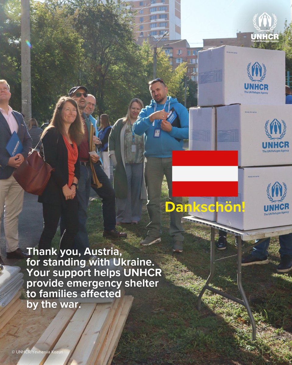 UNHCRUkraine's tweet photo. Happy National Day, Austria! 🇦🇹

🙏Thank you to the people and Government of Austria for your steadfast support. Through @MFA_Austria’s generous contributions, UNHCR is reaching war-affected families across Ukraine with emergency shelter and protection when it is needed most. https://t.co/rqgOmbZ3qS