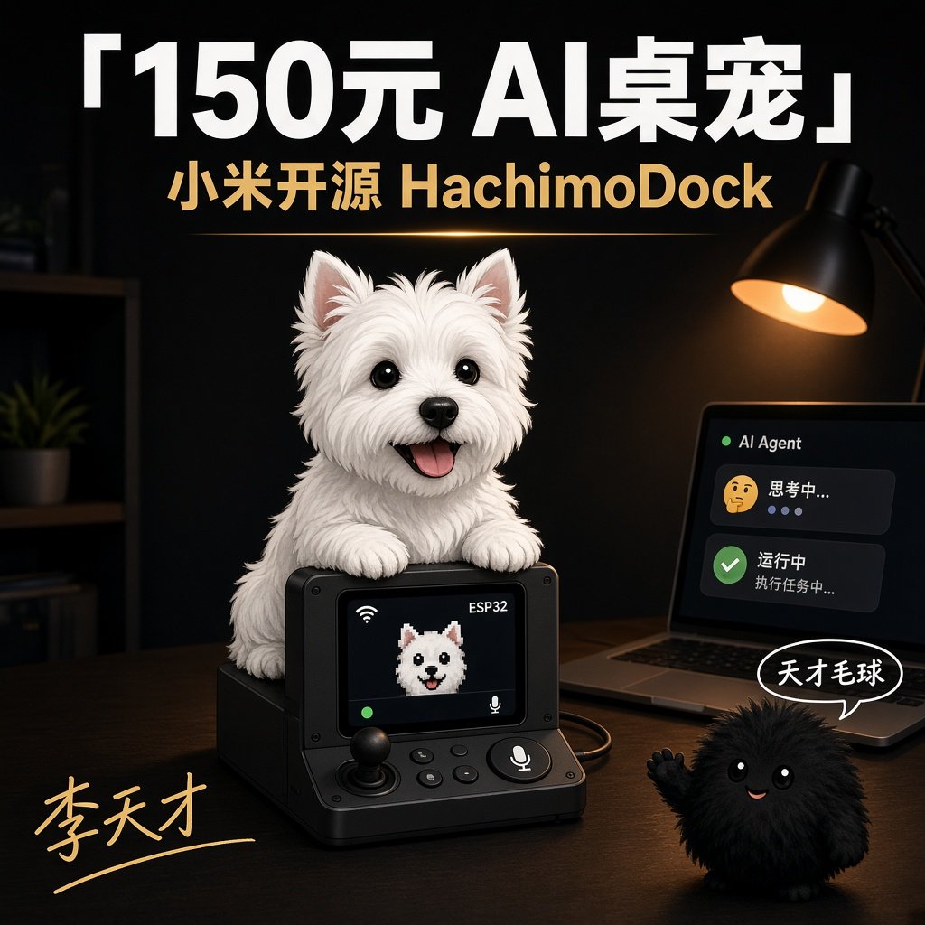 Lniosytest's tweet photo. 卧槽，小米开源 AI 桌宠只要 150 块。

名字叫 HachimoDock，哈基米机。

ESP32 小屏，把 Codex、Claude Code 的干活状态变成桌上小狗表情。

语音派任务，抬头一眼知道它在想还是在跑。

源码、BOM、结构件全开，自己焊自己改。

Vibe Coding 第一台实体硬件，门槛打到地板。

#开源硬件 #AIKA https://t.co/ptv3xLhhWk