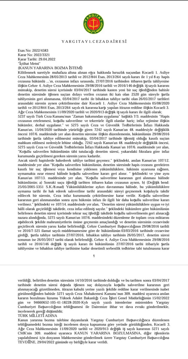 tokali_ibrahim's tweet photo. ŞARTLA TAHLİYESİ GERİ ALINAN (ŞTGA) MAHKUMLAR İÇİN ÖRNEK İÇTİHATLAR❗️
📌 Çıkarılan tüm infaz düzenlemelerinde ŞTGA'nın istisna tutulması nedeniyle bu alanda bir mağduriyet oluştu!
📌Zira mahkum,önce yeni işlediği ve denetimi bozan suçtan aldığı cezanın 2 katını kapalıda yatıp sonra ayrıca işlediği suçun cezasını yatmaktadır. 
📌 ANCAK;
  671 sayılı KHK'nın 32. maddesi ile İnfaz Kanunun'a eklenen geçici 6. maddesi ile istisna suçlar hariç koşullu salıverilme oranın 1/2 olmasıyla birlikte, denetim süresinin hâlen infaz kurumunda geçirilmesi gereken sürenin yarısı kadar olması sebebiyle hak ederek tahliye tarihinden önce denetim süresinin dolması şeklinde bir durumla karşılaşıldı!
📌 Bu durum 7242 sayılı Kanun ile 1/2 koşullu salıverilme oranı ile uyumlu olacak şekilde değişiklik yapılarak koşullu salıverilen hükümlünün tabi tutulacağı denetim süresinin infaz kurumunda geçirilmesi gereken süre kadar olacağı şeklinde değiştirildi. 
📌Dolayısı ile içtimadaki suçlar da dahil 2016 öncesi işlenen bir suçun infazı, sonradan işlenen bir suç nedeniyle yanmışsa mahkumlar bahsettiğimiz bu lehe düzenlemeden yararlanabilir. (Yargıtay Ceza Genel Kurulu, 2019/206 Esas, 2021/272 Karar, 10.06.2021 Tarih)
📌Yerelde İnfaz Hakimlikleri ve Ağır Cezaların red kararlarından sonra Yargıtay tarafından verilen örnek KYB kararları ektedir.