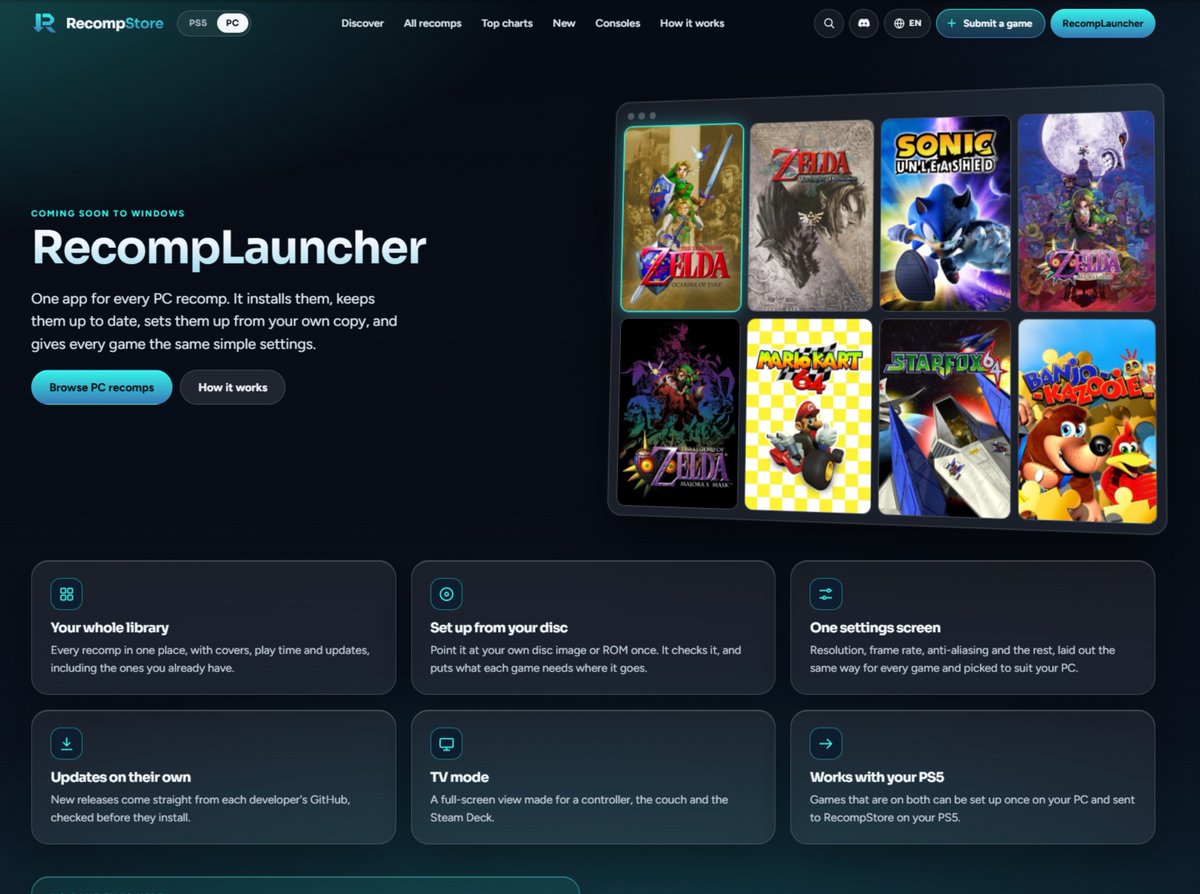 samiirr_0's tweet photo. PC gamers are about to find hidden gems they never knew existed?!

Recomp Store is now live on PC

native game ports in one place

and a native launcher is coming soon... https://t.co/TFUD1UgwKU