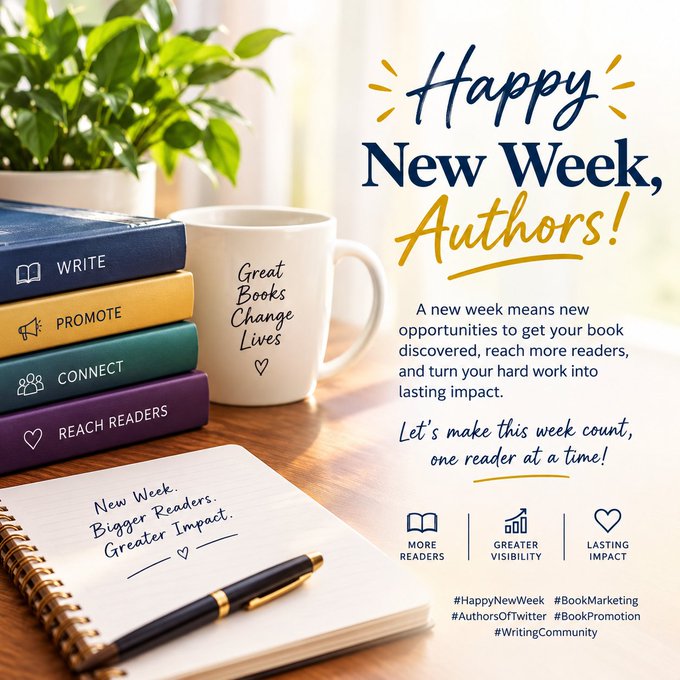 MichealFexpert's tweet photo. ✨ Happy New Week, Authors! A new week means new opportunities to get your book discovered, reach more readers, and turn your hard work into lasting impact. 📷  #BookMarketing #AuthorsOfTwitter #BookPromotion https://t.co/0z9gtzxnK4
