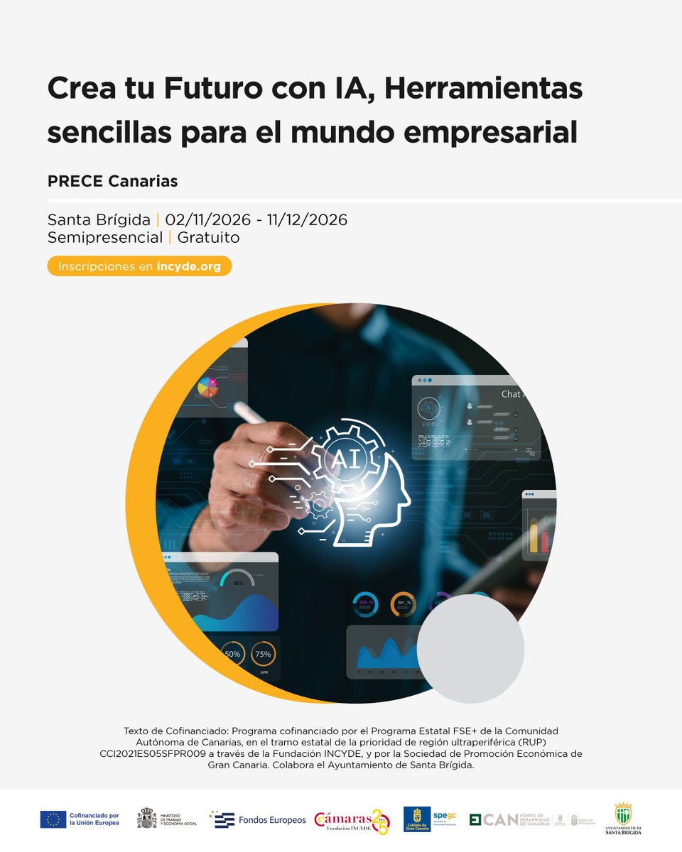 SPEGC's tweet photo. La próxima semana arranca en Santa Brígida el programa 'PRECE Canarias: Crea tu futuro con IA', una formación gratuita pensada para acercar las herramientas de Inteligencia Artificial a la realidad de proyectos y perfiles profesionales. Un espacio donde aprender a ahorrar tiempo y resolver tareas de forma ágil.

🎯 Dirigido a personas con una idea de negocio, desempleados que buscan formarse en IA y emprendedores que quieren usar esta tecnología para hacer crecer su empresa.

📍 Santa Brígida
⚠️ Asegura ya tu plaza​⬇️
https://t.co/RFnWqh7doc