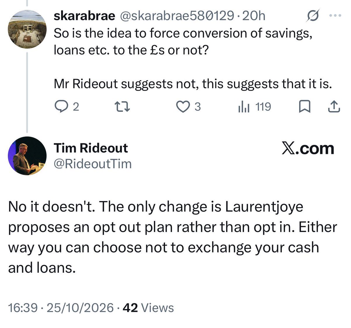 staylorish's tweet photo. Tim’s first tweet is false, but even if it were true, an opt-out system is very different to opt-in. Tim edges towards telling the truth in the second tweet. Under Laurentjoye’s proposals, depositors cannot opt-out, they must *get*-out, and that is profoundly different to opt-in. https://t.co/SNSV2pp7ZW