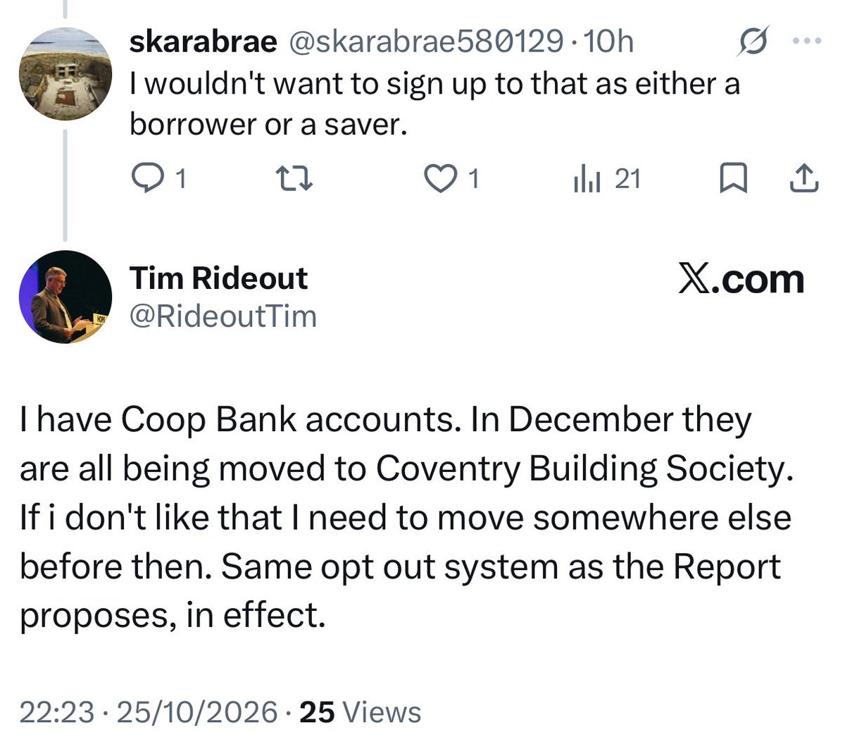 staylorish's tweet photo. Tim’s first tweet is false, but even if it were true, an opt-out system is very different to opt-in. Tim edges towards telling the truth in the second tweet. Under Laurentjoye’s proposals, depositors cannot opt-out, they must *get*-out, and that is profoundly different to opt-in. https://t.co/SNSV2pp7ZW