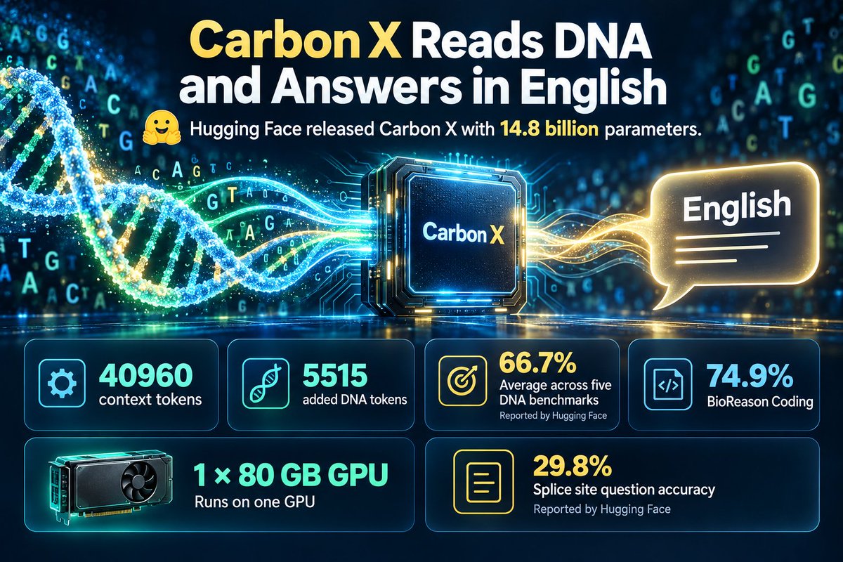 ApollonVisual's tweet photo. Hugging Face Releases Carbon X

Hugging Face released Carbon X with 14.8 billion parameters under the Apache 2.0 license. 

The model reads raw DNA and answers in English. 

It uses Qwen3 14B as its base and supports 40960 tokens of context. 

Its tokenizer adds 5515 DNA tokens to the text vocabulary. 

Hugging Face reports a 66.7% average across five DNA benchmarks. 

It scored 74.9% on BioReason Coding and 39.4% on NextBase. 

It can run on one 80 GB GPU. 

Hugging Face reports 29.8% accuracy on splice site questions and says the model is not clinically validated.