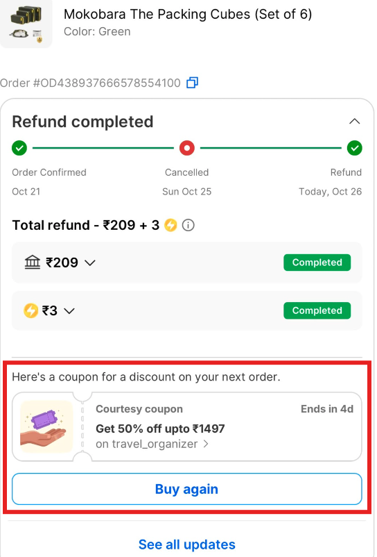 YourCardJourney's tweet photo. Flipkart Mokobara packing cubes order was cancelled.

They issued a courtesy coupon offering a 50% discount.

Interestingly, the same coupon can be applied to the same product again to place a new order.

However, this time, the effective product price comes close to ₹600.

In a way, Flipkart is acknowledging the mistake while ensuring they don't end up selling the product at a loss.

Instead of honouring the original deal, they're offering 50% off the revised price, which is significantly higher.