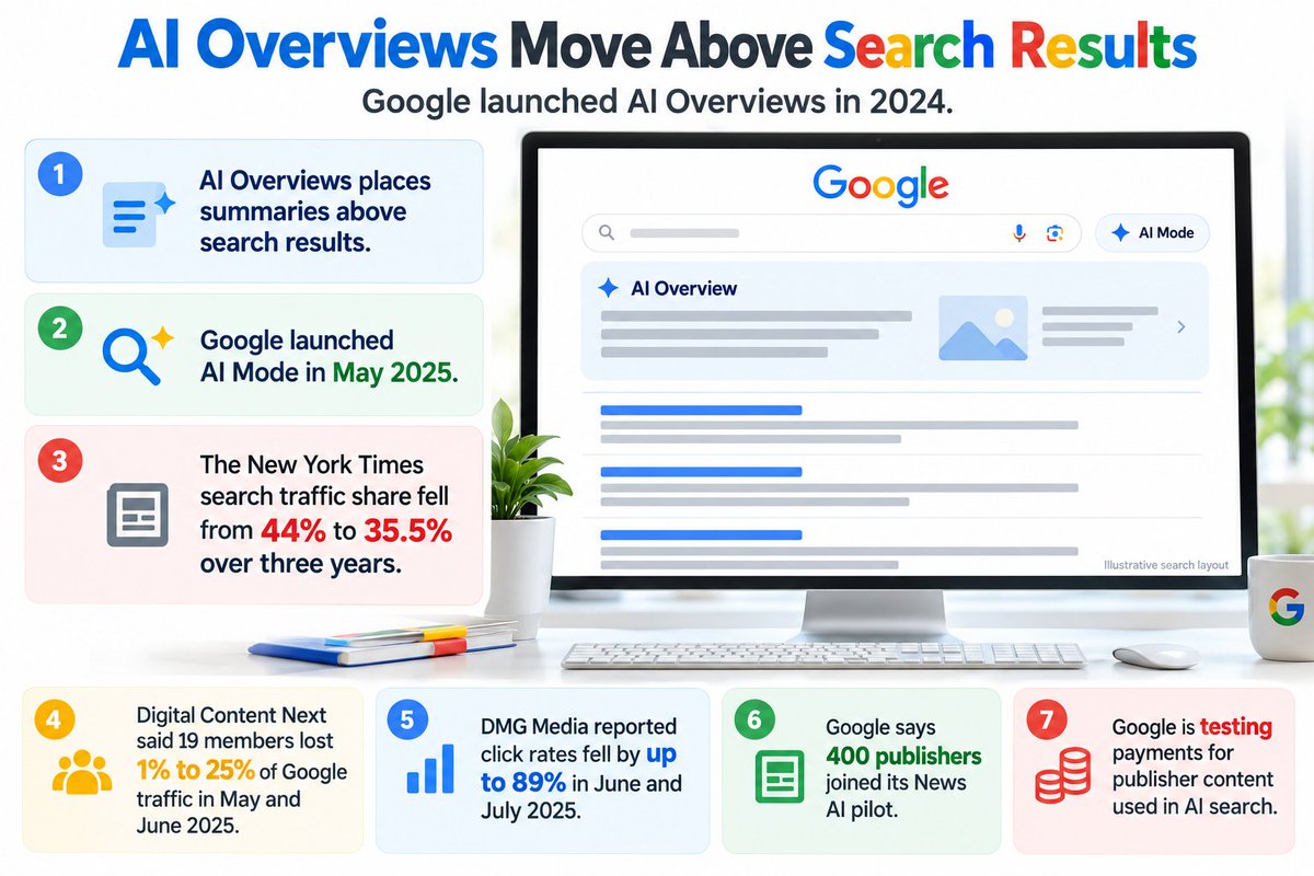 ApollonVisual's tweet photo. Google AI Search and Publisher Traffic

Google launched AI Overviews in 2024. 

The feature places generated summaries above search results. Google launched AI Mode in May 2025. 

Similarweb data showed the share of New York Times traffic from search fell from 44% to 35.5% over three years. 

Digital Content Next said 19 members lost 1% to 25% of their Google traffic between May and June 2025. 

DMG Media reported click rates fell by up to 89% between June and July 2025. 

Google says its News AI pilot includes 400 publishers. 

Google is also testing payments to publishers for content used in AI search.