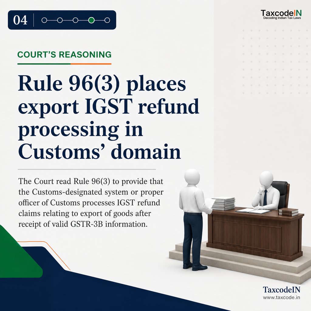 taxcodeIN's tweet photo. Rule 96(3) of the CGST Rules places IGST refund processing for exported goods with the Customs system or proper Customs officer, the Madras High Court ruled. Customs could not decline a manual shipping-bill claim by referring it to GST authorities.

Read: https://t.co/MEFXMLRVOw https://t.co/trQlP8O6Am