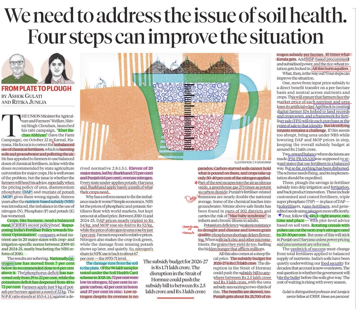 sid___dharth's tweet photo. 📌Important Ed from UPSC Mains Perspective 

 Core message of article is that India should move from a fertiliser centric agricultural policy to a soil health centric agricultural policy.

 Take away : Adopt the 4Rs of nutrient management; Apply the Right Source, Right Rate, Right Time and Right Place to minimise nutrient losses and improve crop yield .

#UPSC