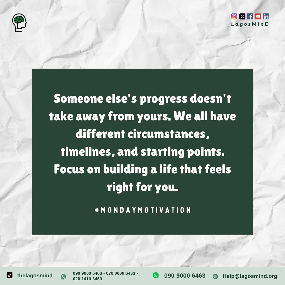 LagosMiND's tweet photo. Someone else’s progress doesn’t mean you’re falling behind. We all have different journeys. Give yourself time, celebrate your small wins, and keep going at your own pace. 
Happy New Week.
#MondayMotivation https://t.co/Wkhci9MEBg