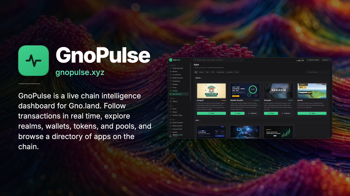 _gnoland's tweet photo. https://t.co/PO7Ij60ta1 App Spotlight 🪄

GnoPulse by @TanjiraPr.

https://t.co/PO7Ij60ta1 activity, decoded into plain actions: 
• Live transactions, swaps, and failed calls 
• Realm explorer with function call tracking 
• Wallet, token, and pool explorers 
• A directory of apps on https://t.co/PO7Ij60ta1

Start exploring today: https://t.co/VzrTNjLTkB