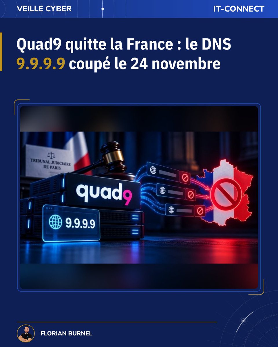 ITConnect_fr's tweet photo. ⚠️  Quad9 quitte la France : le DNS 9.9.9.9 sera coupé le 24 novembre, plutôt que de bloquer des sites de streaming illégal sur décision de justice. Vérifiez vos redirecteurs DNS, box, Pi-hole et profils DoH : 
👉 https://t.co/on8vR4wowk

#dns #privacy https://t.co/1bhw4bWFAi