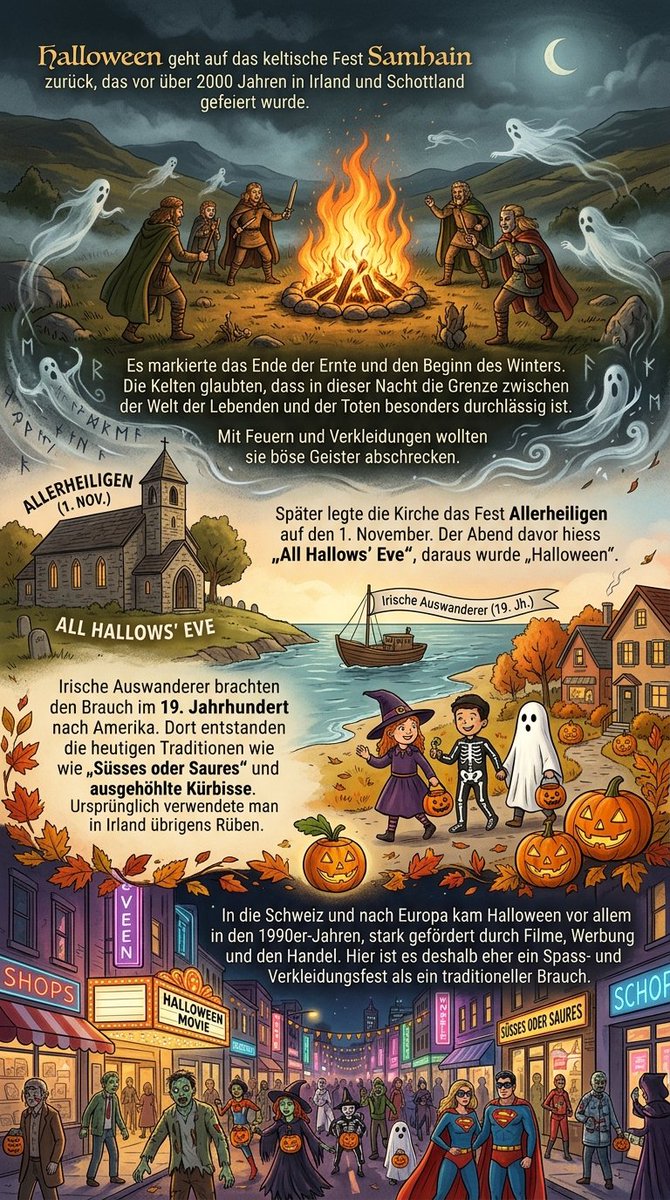 Nighthawk_CH's tweet photo. #Halloween #Samhain #Allerheiligen #AllHallowsEve #Brauchtum #Tradition 🎃
Halloween geht auf das keltische Fest Samhain zurück, das vor über 2000 Jahren in Irland und Schottland gefeiert wurde. Es markierte das Ende der Ernte und den Beginn des Winters. Die Kelten glaubten, dass in dieser Nacht die Grenze zwischen der Welt der Lebenden und der Toten besonders durchlässig ist. Mit Feuern und Verkleidungen wollten sie böse Geister abschrecken.
Später legte die Kirche das Fest Allerheiligen auf den 1. November. Der Abend davor hiess „All Hallows' Eve“, daraus wurde „Halloween“. Irische Auswanderer brachten den Brauch im 19. Jahrhundert nach Amerika. Dort entstanden die heutigen Traditionen wie „Süsses oder Saures“ und ausgehöhlte Kürbisse. Ursprünglich verwendete man in Irland übrigens Rüben.
In die Schweiz und nach Europa kam Halloween vor allem in den 1990er-Jahren, stark gefördert durch Filme, Werbung und den Handel. Hier ist es deshalb eher ein Spass- und Verkleidungsfest als ein traditioneller Brauch.🎃