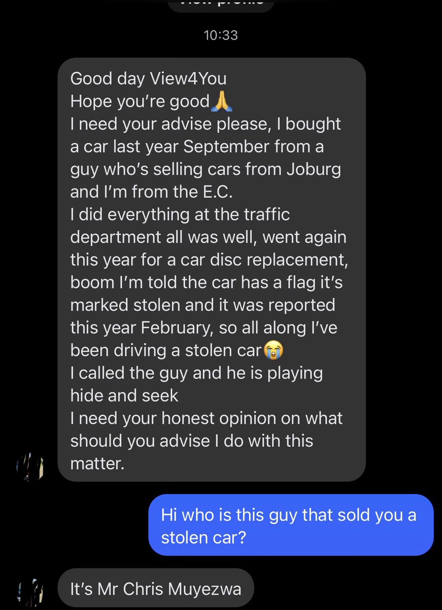 view4you_sa's tweet photo. ⚠️WARNING‼️ CHRIS MUYEZWA please stop selling Stolen Cars, Reversed Mileage and Accident Cars.

You profess and proclaim Jesus as your Lord please let it be seen in your doings. Contact this lady and take your stolen car back. Lastly please do not hide and say you are the middleman, that excuse must come to an end. We will wait for the lady to tell us that you now have taken your car back. 

We receive many complaints about you of mileage reversed cars and accident cars. Please Chris STOP this ‼️

https://t.co/A51Z9VRFWI

We Inspect. You Decide.
#view4you