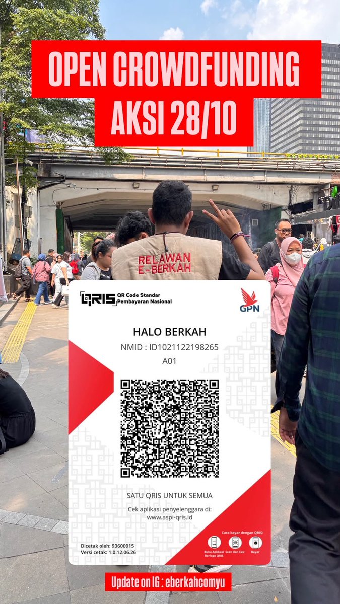 munvess's tweet photo. Retweets are always appreciated, thank you! ✨

28/10 E-Berkah (Part of Munvess & Convomfs) akan turun membersamai kegiatan BEM UI sebagai logistik dan medis. Kami membuka crowdfunding untuk kalian yang tidak bisa turun silakan menitipkan ke kami melalui QRIS di bawah. Tidak perlu konfirmasi karena QRIS ini khusus ak si kemanusiaan.

Berikut dokumentasi kegiatan kita sebelumnya.

We also need a VOLUNTEER, bisa DM ke IG : eberkahcomyu (Queer friendly)

Terima kasih 🤍