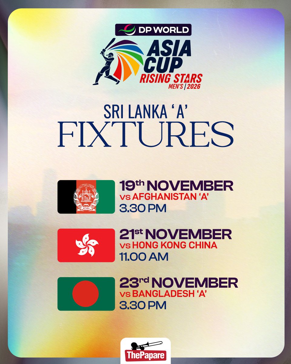 ThePapareSports's tweet photo. Sri Lanka ‘A’ gear up for the Asia Cup Rising Stars 2026 with three group-stage clashes against Afghanistan ‘A’, Hong Kong China and Bangladesh ‘A.

#AsiaCupRisingStars #ACC https://t.co/gOicfUOeKW