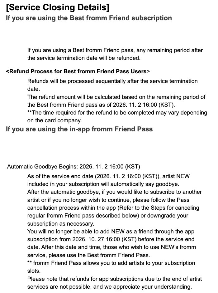 MinKeyZa's tweet photo. FROMM NEW will be discontinued on November 2, 4PM KST.

If you are using a Best fromm Friend pass, any remaining period after the service termination date will be refunded. https://t.co/ntcS61LZq0