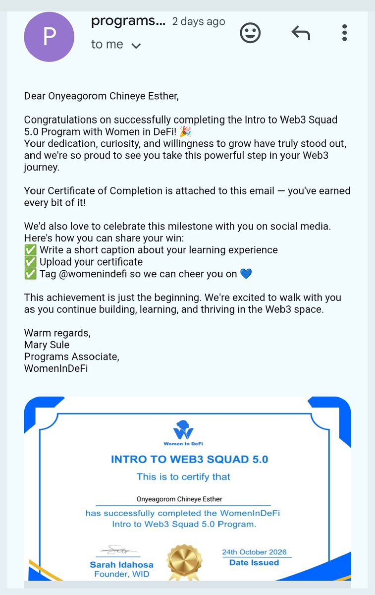 Wonder146150's tweet photo. Intro to Web3 Squad 5.0 in the bag  💃🏾I now have a stronger foundation in Web3 and so much more to explore.

Big thank you to @womenindefi_org for creating such a welcoming space for beginners. 

Now, who’s giving this newly certified Web3 girl an opportunity? 😭😂🚀 https://t.co/mnyKZn7ICt