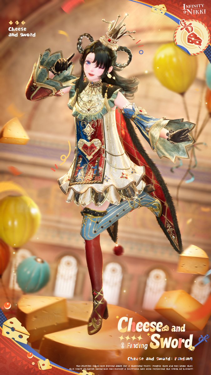 InfinityNikkiEN's tweet photo. ♾️ Whimsical Wardrobe | Cheese and Sword
>> Main Attribute: Sweet

In Florawish a thousand years ago, a fable about the Pika Kingdom was passed down. All kinds of Pikas lived in a utopia until calamity suddenly struck...

🧀 Outfit Ability
Cheese's Edge: Whimsicality: A piece of fragrant, soft cheese, a sharp rapier, and the future a girl yearns for hold both a sweet taste and the strength to protect what she loves.

🧀 Outfit Details
Cheese and Sword can be evolved into the outfit Cheese and Sword: Finding. Fully glow it up to obtain the outfit Cheese and Sword: Answer.

🧀 Event Duration
After the Version 2.11 update on October 29, 2026 – November 26, 2026, 10:29 (UTC-7)

🧀 Resonance Rules
During the event, use Revelation Crystals, Frostwish Exclusive Revelation Gems, or Limited-Time Revelation Crystals to resonate in "Snowfall, Softly Sung." Every 10 Resonances guarantees one 4-star or higher piece, and every 20 Resonances guarantees one 5-star piece.

Note: Some makeup shown in the image is for reference only. The outfit's actual presentation may vary in the game.

——
➤ Infinity Nikki Version 2.11 Tales Woven in Time launches globally on October 29 (UTC-7)!
➤ Download Now: https://t.co/soaPebzlY9
➤ Join us on Discord: https://t.co/QvZPw1gJOV
#InfinityNikki
#TalesWoveninTime