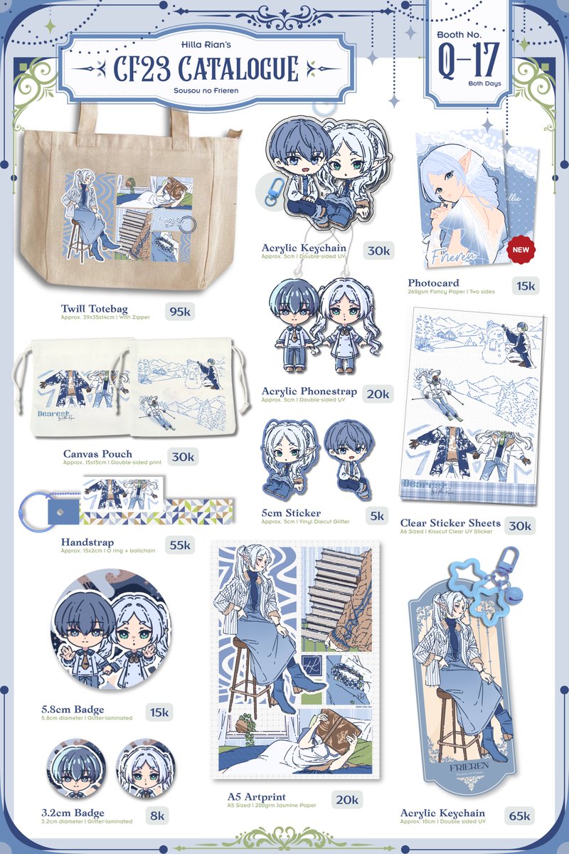hilla_rian's tweet photo. My #CF23 OTS catalogue is here!!💙

📍Q17 [Toserba Ignotus]
🗓️31 Oct - 1 Nov (Both Days) 
✨Frieren, Kusuriya, Kaoru Hana, My Dress Up Darling, Genshin Impact (ArleBina), Inept Villainess, TGSWIIWAGAA, Haikyuu  

(1/2)
#cf23catalogue #comifuro23 https://t.co/tG4j52LTnx