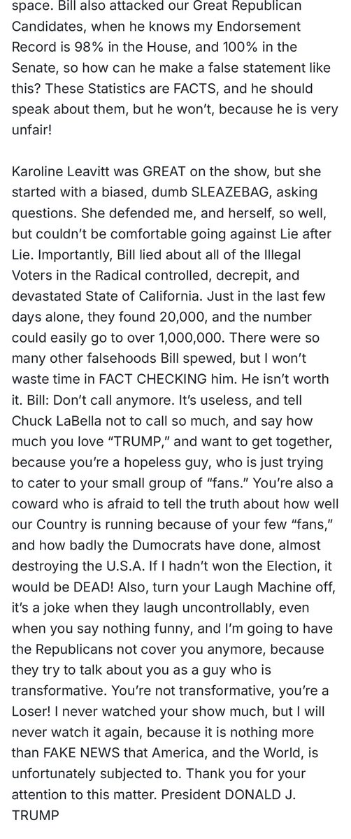 mjfree's tweet photo. The President of the United States spent his Sunday night writing a 1,300-word rant about Bill Maher.

Not the economy.
Not the wars.
Not the midterms.

Bill. Fucking. Maher.

When the President has this much free time, this many grievances, and this little impulse control, we’re in much bigger trouble than Bill Maher.