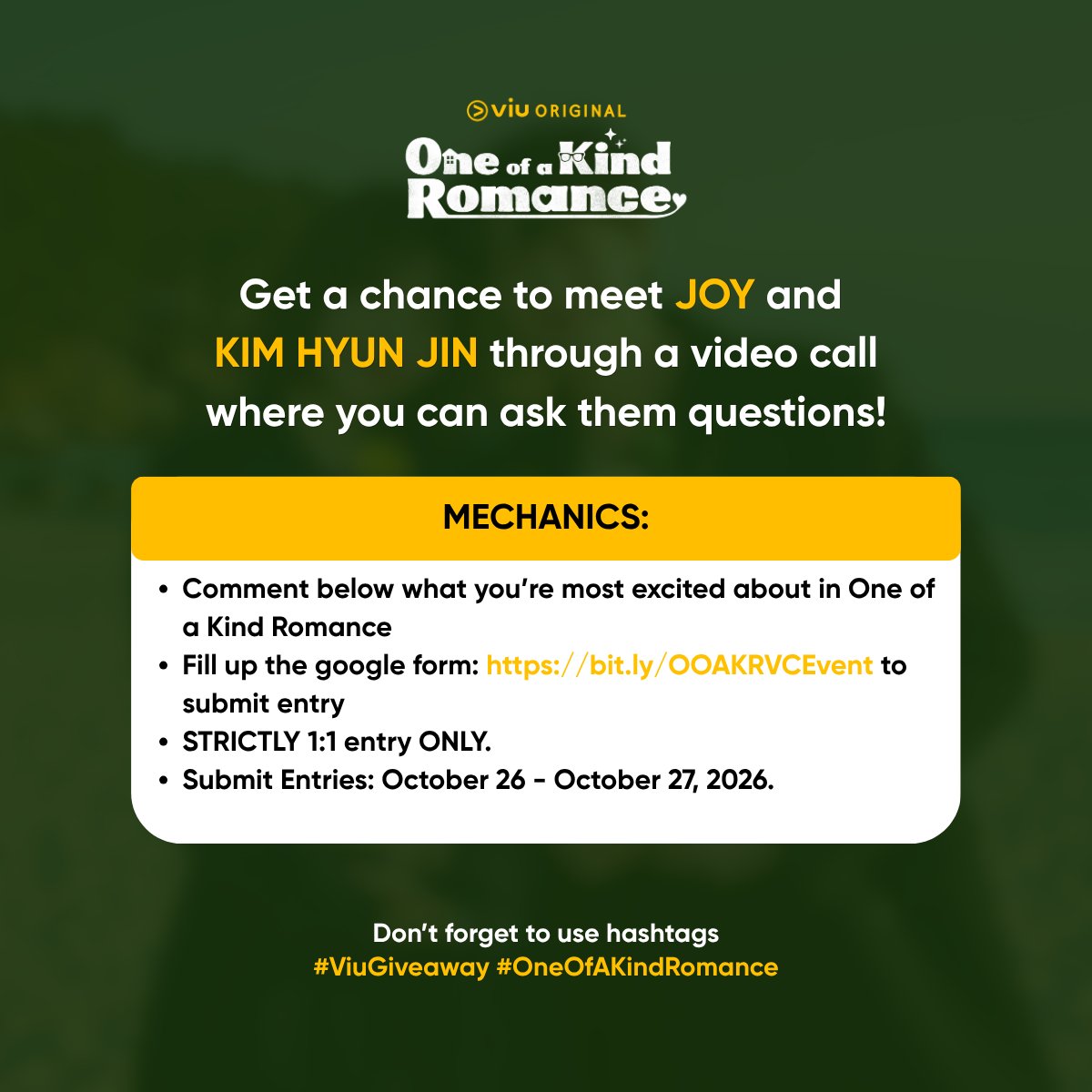 Viu_PH's tweet photo. [ 📣 ] #OneOfAKindRomance VIDEO CALL EVENT OPEN 💌

💗 Get a chance to meet #ParkSooYeong #JOY and #KimHyunJin

💗 Follow the mechanics and then fill up the form here: 
https://t.co/VQvoxc2ScB 

Submit entries UNTIL October 27, 2026!

#ViuGiveaway #OneOfAKindRomance https://t.co/mxk5DWqiea