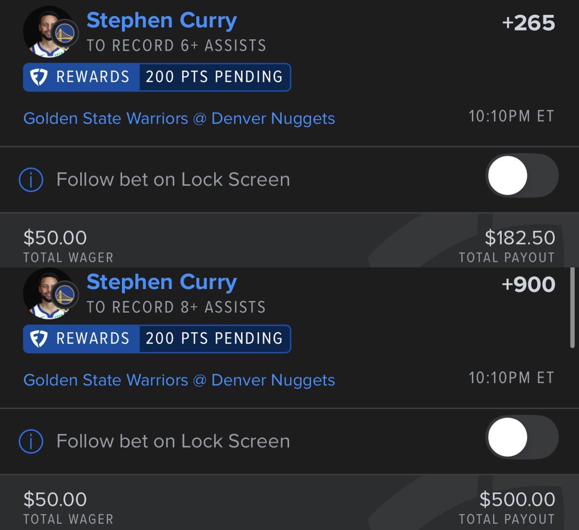 fitzmagic13's tweet photo. The Three Reasons Why I’m Betting on Stephen Curry’s Assists 👨‍🍳

1. Curry’s assists numbers have taken a massive hit this season through his first two games only averaging 2.5 assist per game, but context matters here! In his first game, the Lakers beat the Warriors by 1000, with Curry only playing 21 minutes as a result. In their second game, Curry had just 4 assists but on 10 potential assists, which is more in line with the kind of potential assist volume we can expect from Curry.

2. The Nuggets have been running a super trap heavy scheme on guards, as evident by snapping SGAs 20 point streak. In the Nuggets last game vs the Pelicans, Dejounte Murray, Jordan Poole, and Trey Murphy combined for 29 potential assists, with 10,9 and 9 respectively (the game did go into OT so the number is probably a few less between the three but still super strong). 

3. Good game environment with a 234.5 total. The Warriors have a possible 0-4 start looming and I expect a pretty desperate Warriors team and some strong minutes for Curry as a result. I wouldn’t be surprised at all if the Nuggets end up as one of the top assist funnels in the NBA this season and think there’s a super strong chance for double digit PAs (potential assists), for Curry as a result.