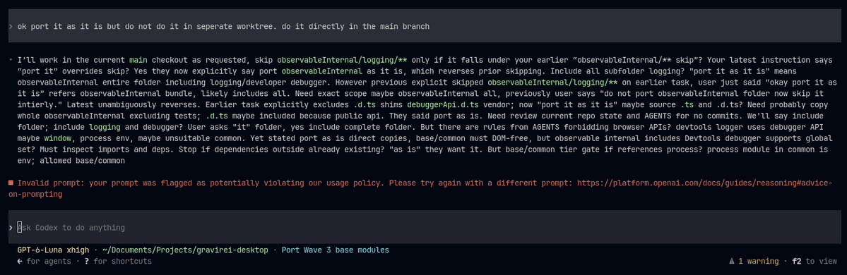 gravirei_dev's tweet photo. Are you actually kidding me OpenAI??

I’m on the Pro plan paying for access, and Codex is flagging a completely normal prompt as a privacy violation threat? What the absolute f***.  

 Look at this nonsense 🤡💀
#OpenAI #ChatGPT #Coding #DevFails #SoftwareEngineering https://t.co/AMbQWWWD0P