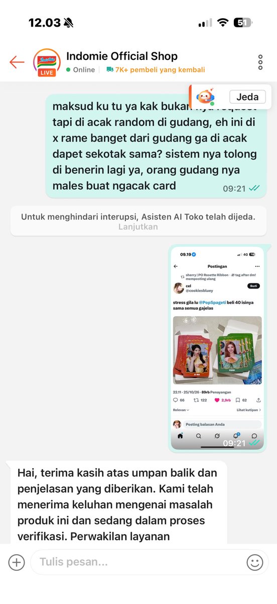 croissantasin's tweet photo. @LowProf_27 @cookiesbluey HUH SAMA LAGII, balesan dari cs shopee nya begini, alhasil ku chat lagi tadi pagi karna sebel https://t.co/OhIJQGn8lF