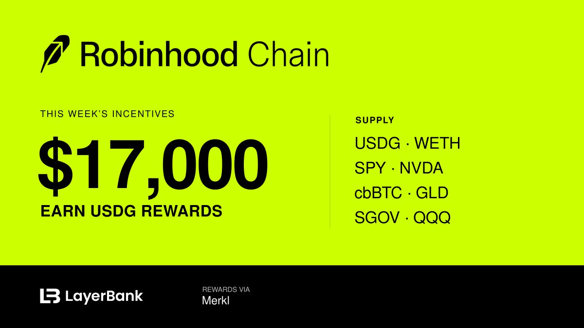 LayerBankFi's tweet photo. $17,000 in incentives on Robinhood Chain this week! 🪶

And no, this isn’t the big reveal. Just the warm-up. 👀

Supply on LayerBank and earn USDG rewards, distributed through @merkl_xyz.

Incentivized markets:
• Supply: USDG, WETH, SPY, NVDA, cbBTC, GLD, SGOV & QQQ
Put your assets to work while we get ready for the main event. 🔥

https://t.co/3GNI4dlQAM

@RobinhoodCrypto
