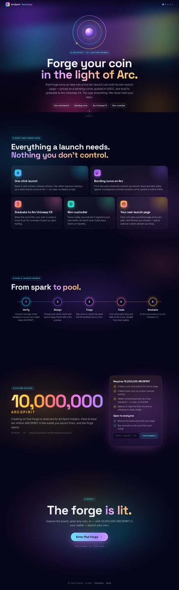 ARCSPIRIT0's tweet photo. Introducing Pad Forge 🔥 Coming soon to Arc mainnet.

What is Pad Forge?
Pad Forge is a token launchpad built for the ArcSpirit community on Arc. Anyone holding 10,000,000 $ArcSpirit can launch their own token in one click, with fair bonding-curve trading from the first second and a clear path to real liquidity on Uniswap V4.

No presales. No team wallets draining the pot. No custody. Just launch, trade, and graduate.

What can you do with it?

🚀 One-click launch
Pick a name, ticker, image and a look for your coin page, sign with your wallet, and your token is live. No code, no setup.

📈 Bonding curve trading
Every token starts on a bonding curve. The price moves with demand: buy and it goes up, sell and it comes down. Every trade has slippage and deadline protection, so you won't get filled at a price you didn't agree to.

🎓 Graduation to Uniswap V4
Once a token hits its target, it graduates automatically. Liquidity moves into a Uniswap V4 pool and the LP is locked forever.

🔒 Rug-proof by design
Curve funds stay inside the contract. Nobody can withdraw them. Not the creator, not the platform, not us. The contract simply has no way to do it.

💬 Live coin pages
Each token gets its own page with live price, curve progress, recent trades and a chat for its community.

⚡ Live feed
See new launches and trades as they happen across the whole pad.

🎨 Templates
Choose a polished style for your coin page instead of a plain default, so your launch looks as good as your idea.

💸 Simple, transparent fees
1% platform fee, fixed. Creators set their own fee from 0% to 9%. The total can never go above 10%, and it's written into the contract.

🛡 Non-custodial
We never hold your keys, your tokens or your liquidity. Everything happens from your own wallet.

🔑 Holder-only access
Pad Forge is for ArcSpirit holders. Hold 10,000,000 $ArcSpirit, connect, sign, and you're in.

Pad Forge is coming to Arc mainnet soon.
Get your $ArcSpirit ready.

https://t.co/m5iT4eA0bm

@arc