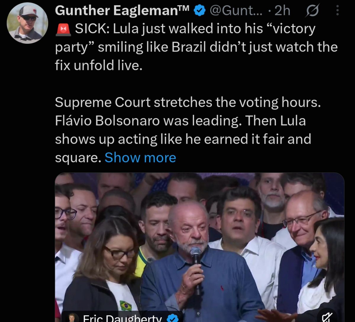 CattardSlim's tweet photo. The fucking Republicans think they own every damn election in the world, &amp; cry foul when their cheating &amp; suppression doesn't work.

My feed is full of people from Brazil ecstatic that Lula won, &amp; Republicans calling for Lula to be Maduro'd &amp; Trump to ignore the election results. https://t.co/UKM7lFMJM5