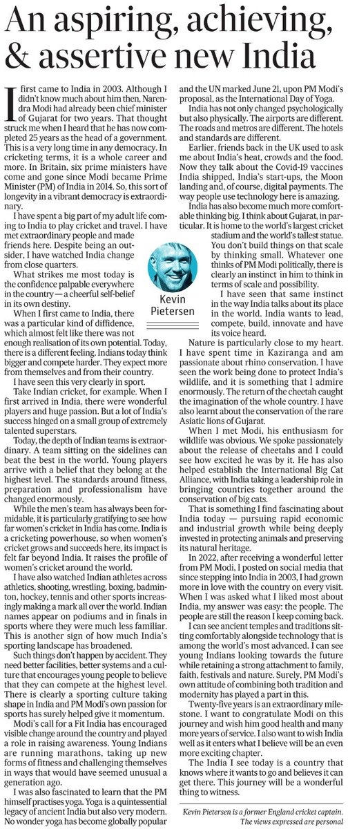 RoopDarak's tweet photo. Kevin Pietersen on the new India:

“Indian athletes across athletics, shooting, wrestling, boxing, badminton, hockey, tennis… are increasingly making a mark all over the world. Indian names appear on podiums in sports where they were much less familiar.”

This particular section is so true. We’ve all watched it happen... depth in cricket (especially women’s cricket), and medals coming from places that used to be rare.

This is a testament to the great focus of the Modi govt on improving our sports facilities and giving our athletes the world-class training and care they need.