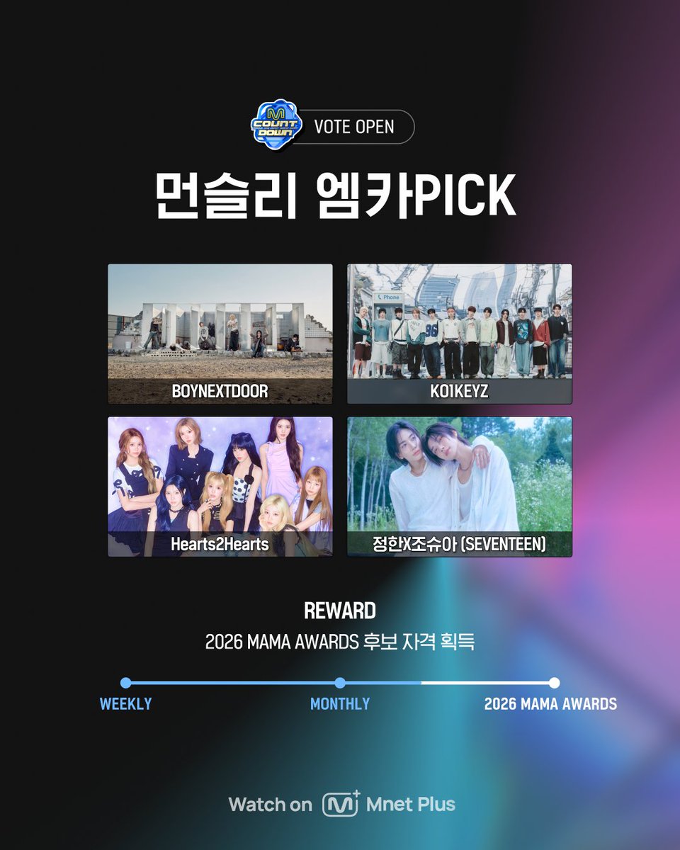 mnetplus's tweet photo. [#엠카운트다운] 10월 먼슬리 엠카𝐏𝐈𝐂𝐊 스테이지 투표 𝐎𝐏𝐄𝐍🏆

[👑1위 후보]
✔️BOYNEXTDOOR
✔️KO1KEYZ
✔️Hearts2Hearts
✔️정한X조슈아 (SEVENTEEN)
오늘 단 하루⚡투표 1위 아티스트는 2026 MAMA AWARDS 후보 자격을 획득합니다.

👉https://t.co/TL0TDg4i9x
📅 투표 기간 : 2026.10.27 (화) 00:00~23:59ㅣKST

매주 진행한 위클리 엠카PICK 스테이지 1위 아티스트를 모아, 최종 투표로 단 하나의 ❛먼슬리 엠카𝐏𝐈𝐂𝐊 스테이지❜가 결정됩니다!

🔸먼슬리 엠카PICK 스테이지 투표🔸

✔매월 첫주 엠카운트다운 전 화요일 (00:00~23:59 KST)
✔1위 산정 기준 : Mnet Plus 득표수 100%
✔1일 5투표⭕
※ 2026 MAMA AWARDS 후보 자격은 2026년 1월 먼슬리 엠카픽 위너부터 반영됩니다.

=

[#MCOUNTDOWN] 𝐌𝐎𝐍𝐓𝐇𝐋𝐘 𝐌𝐂𝐃 𝐏𝐈𝐂𝐊 𝐒𝐓𝐀𝐆𝐄 in October 𝐎𝐏𝐄𝐍🏆

[👑No.1 nominee]
✔️BOYNEXTDOOR
✔️KO1KEYZ
✔️Hearts2Hearts
✔️JxJ (SEVENTEEN)

One day only⚡1st place artist will become eligible for 2026 MAMA AWARDS nomination!
👉https://t.co/TL0TDg4i9x

📅 Voting period : October 27, 2026 (Tue) 00:00 - 23:59ㅣKST

It's time to crown the ultimate ❛MONTHLY MCD 𝐏𝐈𝐂𝐊 Stage❜ Vote for your favorite WEEKLY MCD PICK stage winner now!

🔸MONTHLY MCD PICK STAGE Voting🔸
✔Tue before the first MCD of every month (00:00~23:59 KST)
✔100% based on Mnet Plus votes
✔You can vote 5 times a day⭕

※ Eligibility for a 2026 MAMA AWARDS nomination will reflect MONTHLY MCD PICK winners starting from January 2026.

#VotePlayLove #All_of_KPOP
#MnetPlus #엠넷플러스 #MCOUNTDOWN #MONTHLY_MCDPICK
#BOYNEXTDOOR #보이넥스트도어 #KO1KEYZ #코이키즈 #Hearts2Hearts #하츠투하츠 #JxJ #정한X조슈아
