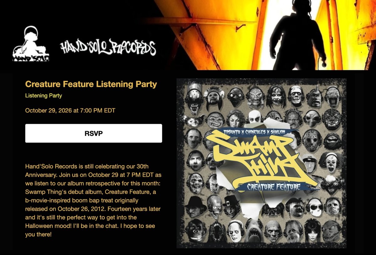 HandSoloRecords's tweet photo. Hand’Solo Records is still celebrating our 30th Anniversary. Join us Oct 29 at 7 PM EDT as we listen to @SwampThingRaps's debut album, Creature Feature, a b-movie-inspired boom bap treat originally released Oct 26, 2012. Perfect for Halloween! RSVP here:

https://t.co/aDWtyWnJs9 https://t.co/gHSouRhGHA