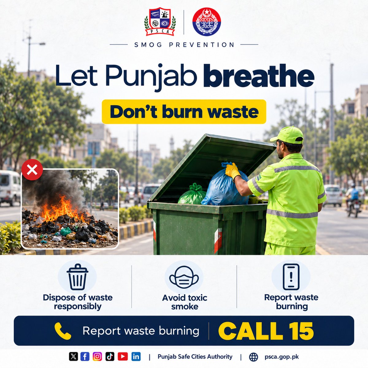 PSCAsafecities's tweet photo. Less Smog, More Life!
PSCA's AI-based surveillance helps detect pollution-causing activities across Punjab.
Maintain vehicles, control dust, reduce emissions & avoid burning waste.
Report environmental violations: Dial 15.
@SmogUnitpndgop
#safecity #psca #smog #cleanair https://t.co/WaXsbjcPfz