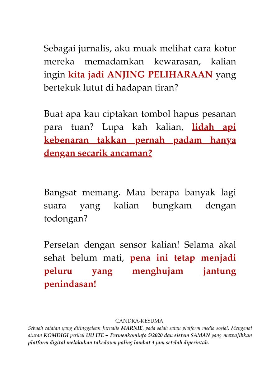 PelaraSukma's tweet photo. ㅤ
Selama akal sehat belum mati, 𝙥𝙚𝙣𝙖 𝙞𝙣𝙞 𝙩𝙚𝙩𝙖𝙥 𝙢𝙚𝙣𝙟𝙖𝙙𝙞 𝙥𝙚𝙡𝙪𝙧𝙪 yang menghujam jantung penindasan!
ㅤ https://t.co/qQmlb9DF2j