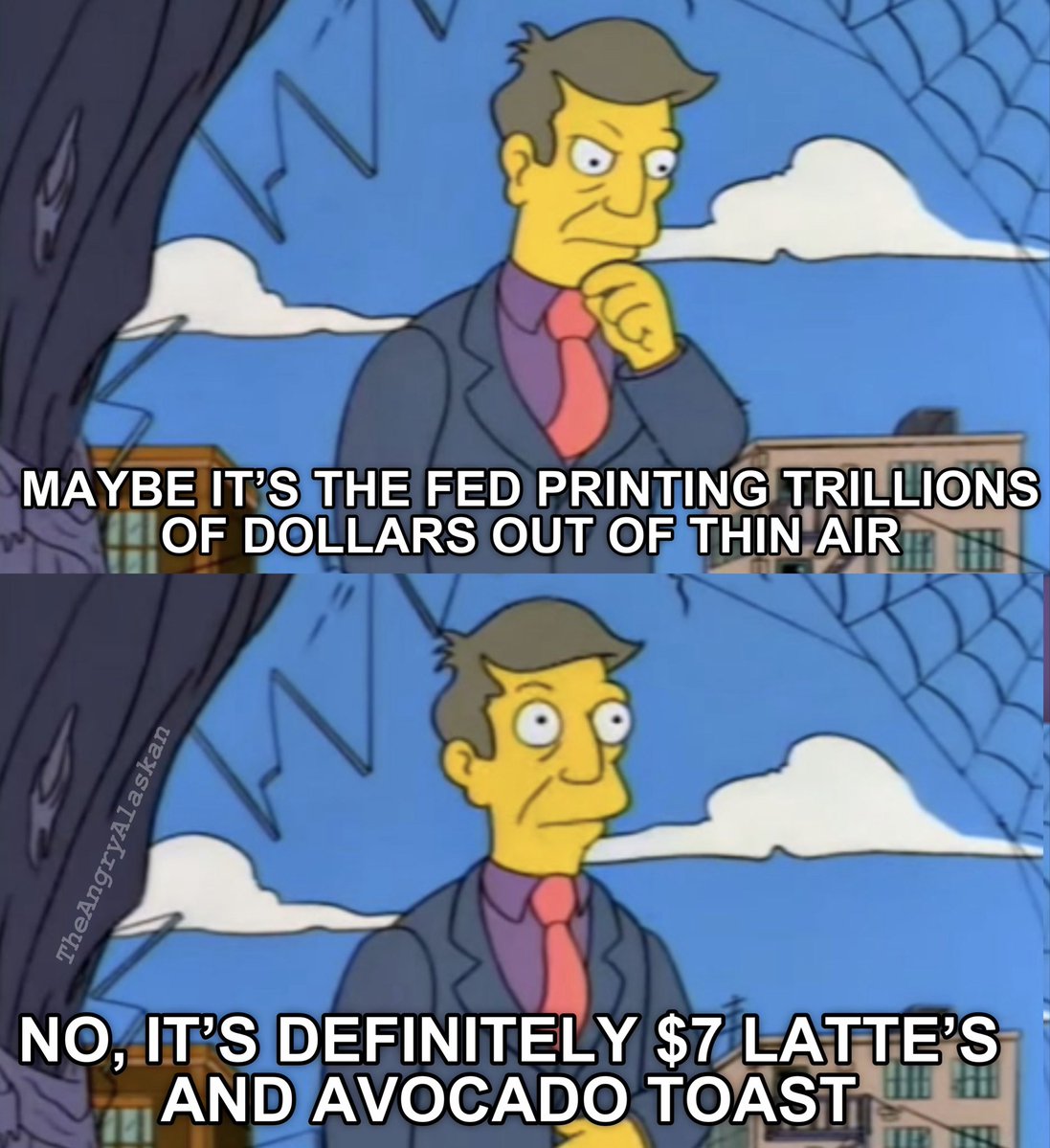 RealAngryAlaska's tweet photo. Anything done by Congress can be undone by Congress. Or, so I’m told. 

Hey @RepThomasMassie, is this true? If so, would sponsoring a Federal Reserve Modernization Act be a good way to fix the Fed? 

Modernizing it into a future designed without printing money from thin air? I think we’d just abolish it at that point. 🤔