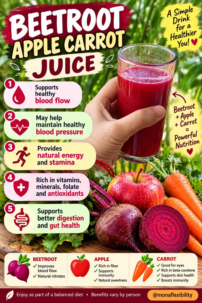 Monika48779734's tweet photo. 🍎🥕❤️ Beetroot + Apple + Carrot Juice! A refreshing drink packed with vitamins, minerals, and antioxidants to support healthy blood flow, immunity, and exercise performance. 🌿💪
Drink healthy, stay active, and glow naturally! ✨
#BeetrootJuice #NutritionTips  #Monaflexibility https://t.co/5WVspqGX3d