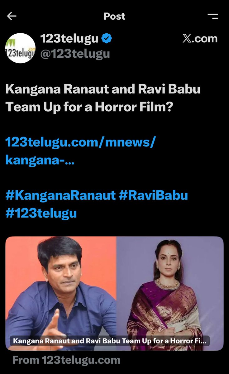 SatyavadiLadki's tweet photo. 🚨 Exciting Collaboration Alert! 🚨
Bollywood Queen Kangana Ranaut and Tollywood's brilliant filmmaker Ravi Babu are reportedly teaming up for an upcoming horror film! 🔥👻

🎬👇

#KanganaRanaut #RaviBabu #Tollywood #Bollywood #HorrorMovie #IndianCinema #123telugu https://t.co/AT2p4kAjO9