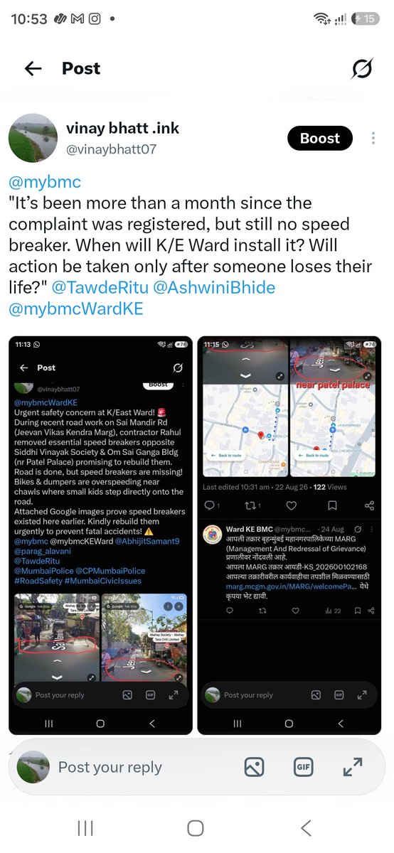 vinaybhatt07's tweet photo. @mybmc "It’s been more than a month since the complaint was registered, but still no speed breaker. When will K/E Ward install it? Will action be taken only after someone loses their life?" @TawdeRitu @AshwiniBhide @mybmcWardKE https://t.co/rdKMjKRn9Y
