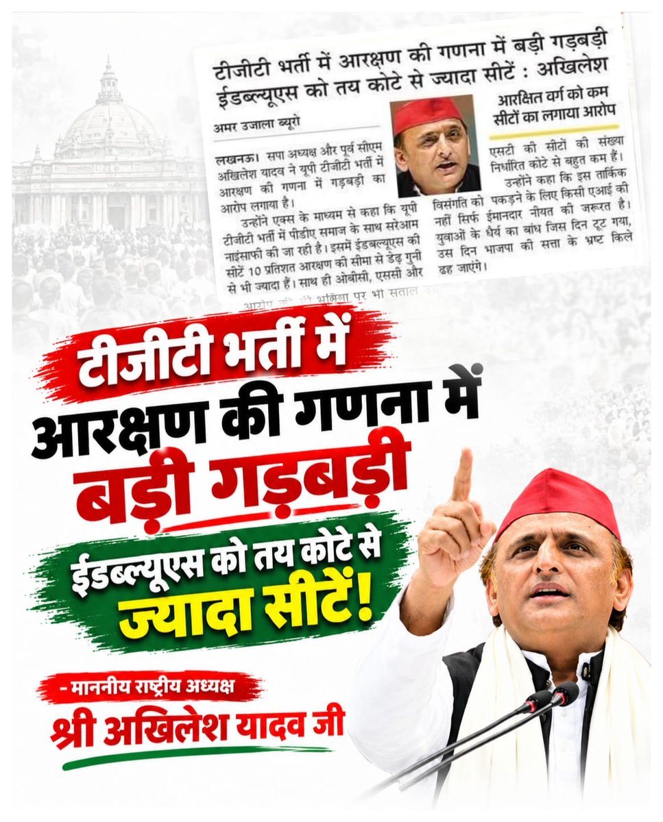 mediacellsp's tweet photo. "टीजीटी भर्ती में आरक्षण की गणना में बड़ी गड़बड़ी, ईडब्ल्यूएस को तय कोटे से ज्यादा सीटें!"

 -माननीय राष्ट्रीय अध्यक्ष 
श्री अखिलेश यादव जी https://t.co/1ZxnhoruSo