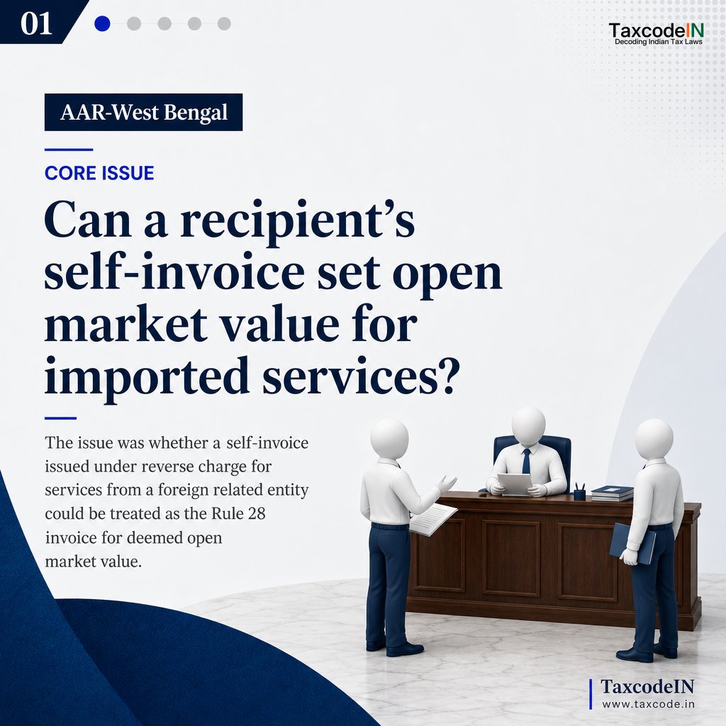 taxcodeIN's tweet photo. AAR-West Bengal: For imported services from a foreign related entity, the recipient’s self-invoice value may be deemed open market value under Rule 28(1), but only where full ITC is available. IGST remained payable under reverse charge.

Read here: https://t.co/g4pYSpD5fo https://t.co/5ZyspRYkkY