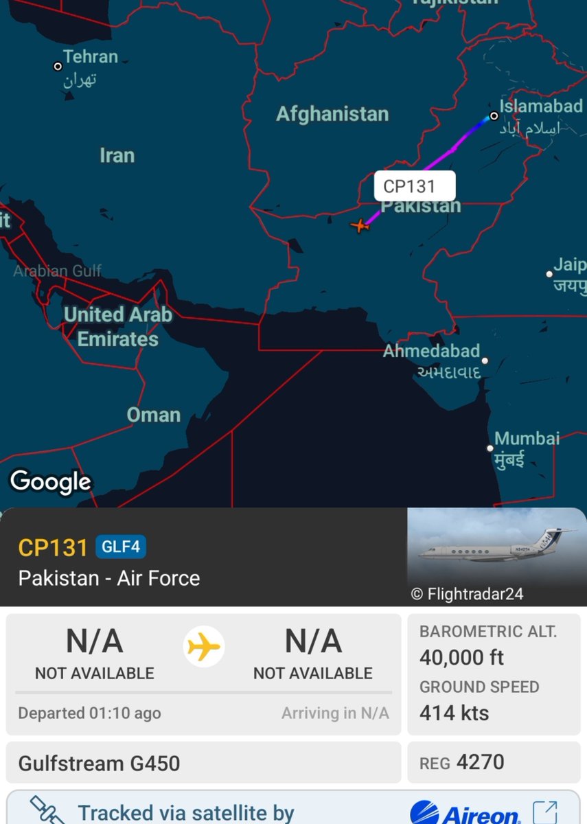 Apex_Intel24's tweet photo. JUST IN: 🇵🇰✈️ A Pakistan Army Aviation Gulfstream G450 (CP131) has taken off from Islamabad with Army Chief Gen. Asim Munir on board, bound for Tehran for a joint meeting with Iranian officials and representatives of the Mecca Pact countries. 🇮🇷 https://t.co/vWi6th9jpE
