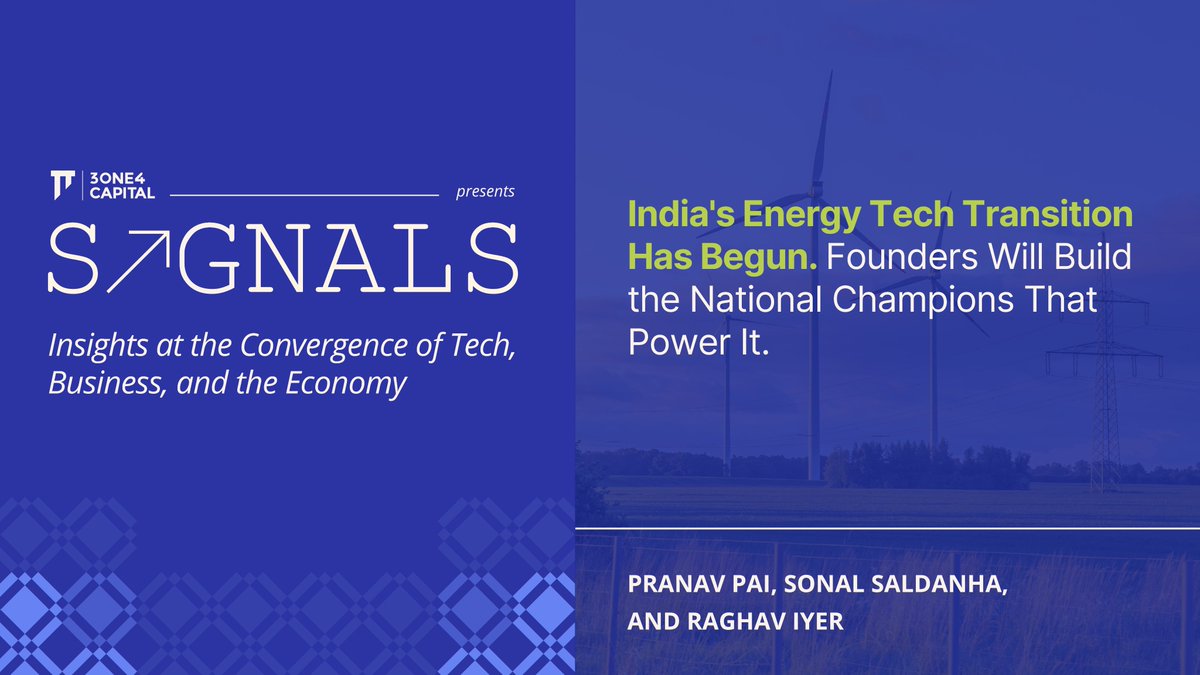 3one4Capital's tweet photo. Three recent energy shocks have converted energy from a traded commodity into an instrument of statecraft, prompting India to deploy a coordinated energy diversification programme. Executing such a national industrial strategy opens a generational window for founders building energy technology champions across renewables, nuclear power, coal conversion, and transport electrification.

Global capital allocation now favours electrons over hydrocarbons, shifting primary constraints from cheap generation toward transmission, distribution, and storage bottlenecks. India is industrialising on an electrotech fast track, achieving high renewable penetration and electrification levels at lower income and coal consumption tiers compared to historical precedents.

@Pai_dPiper, @sonalsaldanha, and @Raghav_K_Iyer argue that founders capturing durable value must focus on hardware manufacturing, grid equipment, storage systems, and market infrastructure rather than headline capacity numbers alone. Building integrated energy enterprises requires mastering domestic supply chains, export markets, and digital public infrastructure like the India Energy Stack to secure long term macroeconomic resilience.

Read the whole blog here: https://t.co/D7q2AAXOKs

Disclaimer:

Details of all the funds managed by 3one4 Capital can be found here: https://t.co/ZkNCvcB4Kg

For informational purposes only. This content does not constitute an offer to sell or a solicitation of an offer to buy units of any fund. Investments in AIFs involve market risks.