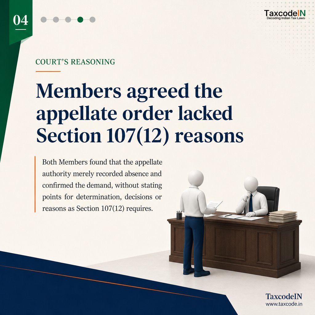 taxcodeIN's tweet photo. GSTAT Prayagraj Bench: both Members found the appellate order deficient under Section 107(12) for lacking points, decisions and reasons. But they differed on whether orders issued after hearing dates required a fresh communicated date. Larger-Bench reference follows; https://t.co/GSa2JXrMZe
