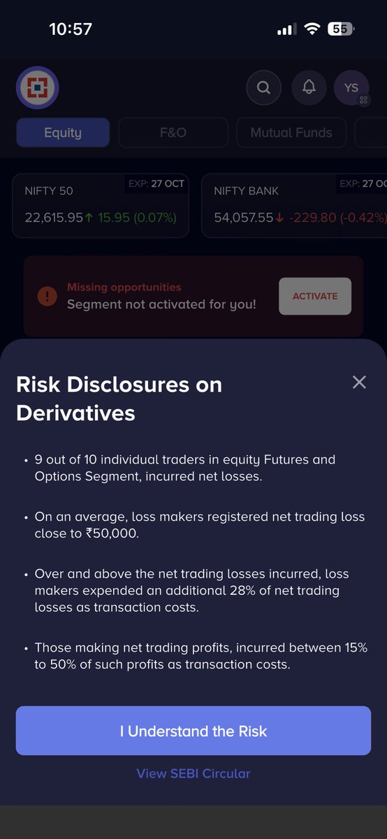 sanariyawrites's tweet photo. Not @hdfcsec telling me I'm missing opportunities only to be forced by @SEBI_Awareness to actually tell me I'm missing the chances to make losses like 90% of the traders

When will platforms stop promoting derivatives to retail investors like its some 'missed opportunities' https://t.co/vgIs16ux1w